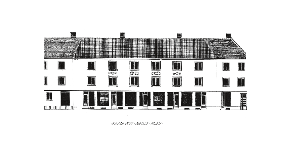 Originalritning mot Mariaplan 4 från 1931 med fasaddekor mellan andra och tredje våningen.